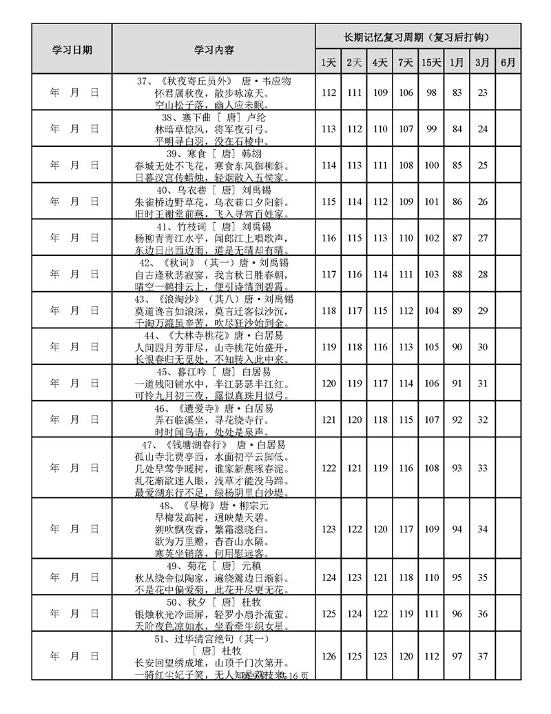 用遗忘曲线背诵小学古诗75+80首计划表